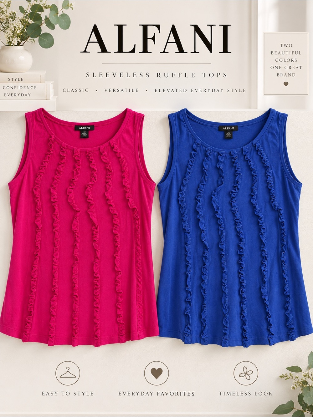 Two (2) Alfani Ruffled Front Sleeveless Tank Tops Camis | Pink and Periwinkle